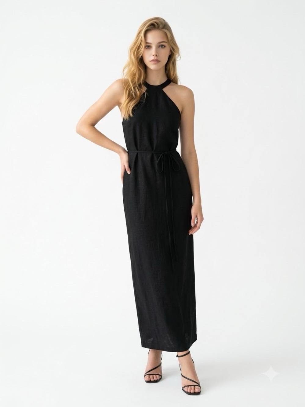 Worthington Black Halter-Neck Maxi Dress with Waist Tie